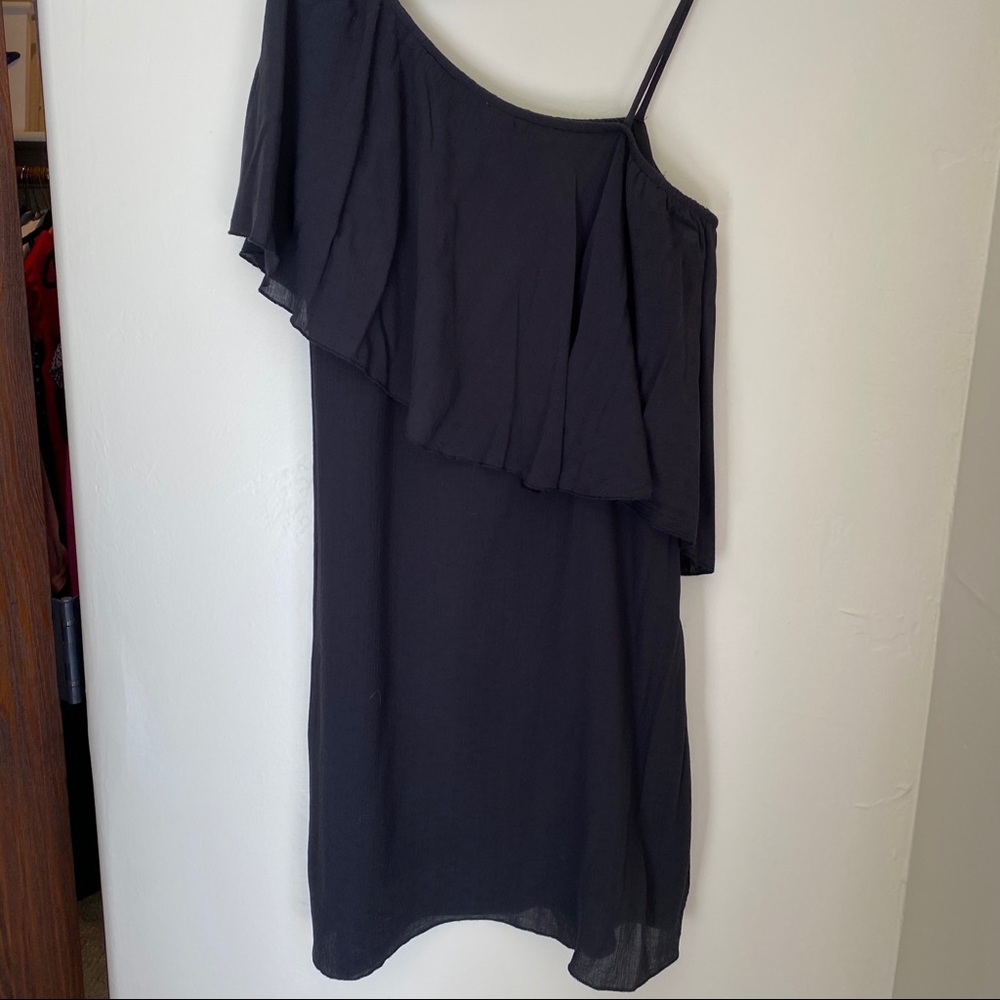 Mango One-Shoulder Swiss Dot Ruffle Dress in Black